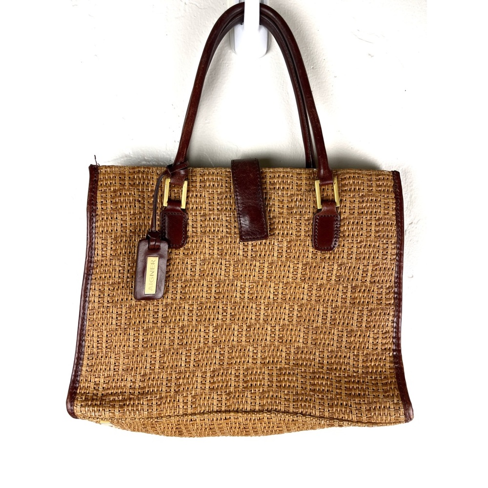 Vintage 80s Aigner Basket Wave Handbag Top Handle Purser Leather Trim.